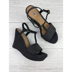 Ugg Black Fitchie T-Strap Espadrille Wedge Sandals Size 7 Womens Black Heels